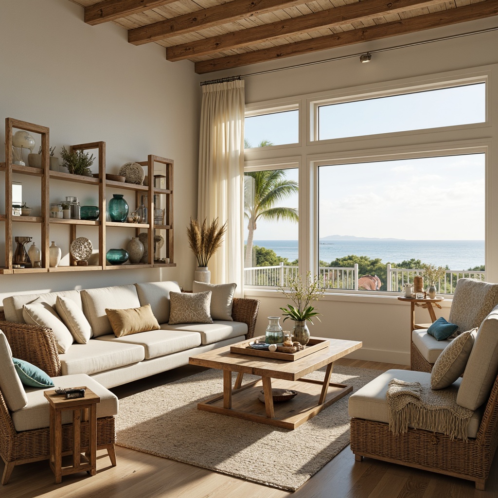 Prompt: Coastal-themed living room, beachy vibe, driftwood decor, sea-glass accents, soft ocean breeze, warm sandy tones, natural textiles, woven rattan furniture, nautical ropes, distressed wood shelves, coral-inspired patterns, shell-adorned mirrors, ocean-blue glass vases, seaside landscape views, sunny afternoon lighting, warm golden glow, pendant lanterns, rustic metal fixtures, candlelit ambiance, subtle coastal scents.