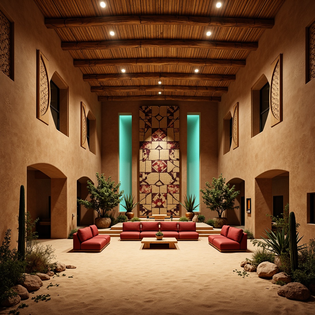 Prompt: Earth-toned acoustic panels, woven textile patterns, natural wood accents, curved architecture, vibrant turquoise highlights, warm golden lighting, rustic wooden beams, adobe-inspired structures, desert botanicals, cacti plants, sandy beige flooring, plush crimson seating, intricate Native American motifs, geometric shapes, Southwestern cultural influences, intimate stage settings, warm ambient lighting, shallow depth of field, 3/4 composition, realistic textures, ambient occlusion.