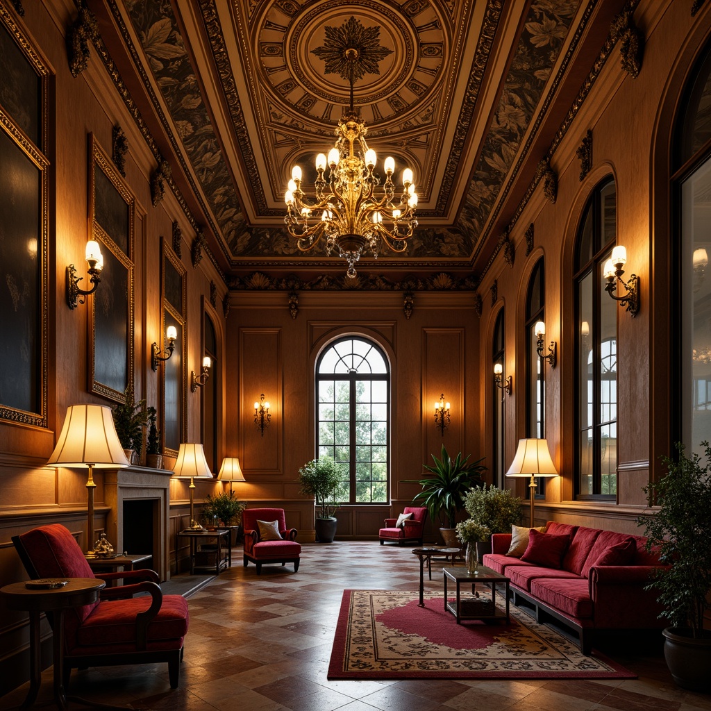 Prompt: Ornate chandeliers, gilded frames, luxurious velvet fabrics, intricately carved wooden panels, ornamental mirrors, lavish furnishings, richly patterned rugs, intricate stucco ceilings, dramatic archways, grandiose columns, opulent marble floors, golden accents, warm candlelight, soft focus, 1/2 composition, atmospheric perspective, highly detailed textures.