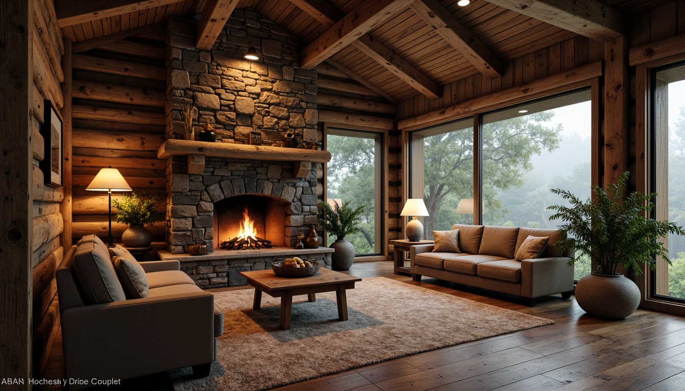 Prompt: Rustic cabin, wooden accents, natural stone walls, earthy color palette, reclaimed wood floors, distressed textures, vintage furniture, cozy fireplaces, warm ambient lighting, soft focus, shallow depth of field, 1/1 composition, inviting atmosphere, serene forest surroundings, misty morning, subtle warm glow.