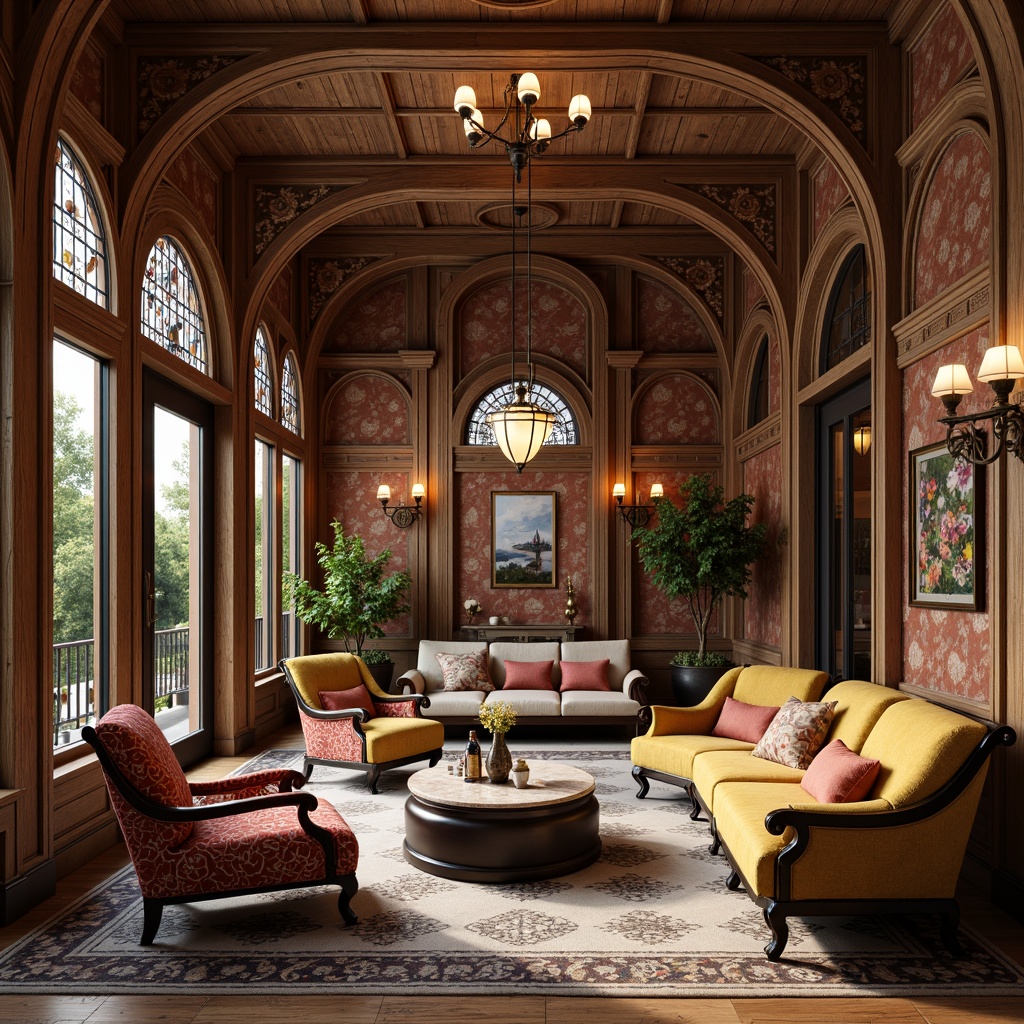 Prompt: Intricate wooden armchairs, sinuous lines, organic shapes, flowing curves, luxurious fabrics, velvet upholstery, ornate carvings, floral patterns, golden accents, bronze details, stained glass windows, mosaic tiles, marble tops, curvaceous sofas, asymmetrical coffee tables, hand-painted ceramics, vintage lighting fixtures, warm ambient glow, soft focus, 1/2 composition, shallow depth of field, realistic textures, subtle animations.