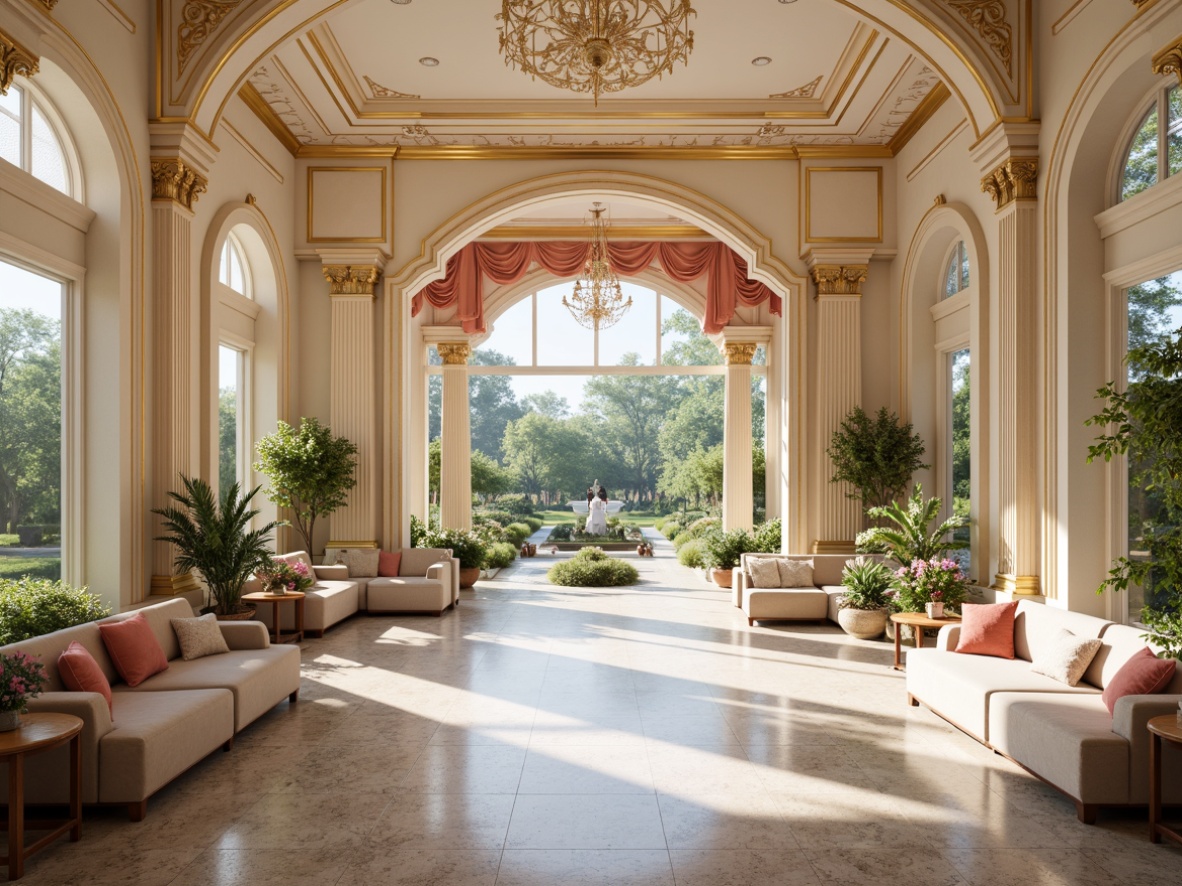 Prompt: Intricate moldings, ornate furnishings, soft pastel hues, lavish fabrics, delicate florals, golden accents, curved lines, sweeping arches, grand chandeliers, opulent drapery, polished marble floors, stately columns, Rococo-inspired architecture, rehabilitation facilities, serene gardens, tranquil water features, lush greenery, warm natural lighting, shallow depth of field, 1/1 composition, realistic textures, ambient occlusion.