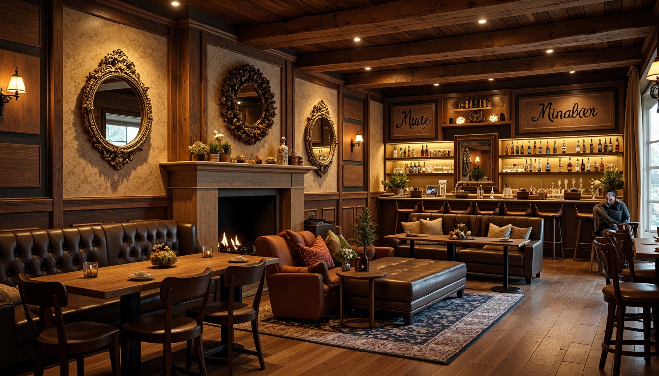 Prompt: Rustic pub atmosphere, wooden accents, distressed finishes, vintage decor, ornate mirrors, rich leather upholstery, dark wood paneling, luxurious textiles, warm golden lighting, ambient shadows, soft focus, 1/2 composition, earthy tones, natural stone walls, reclaimed wood beams, metal lanterns, eclectic artifacts, classic typography, warm beige colors, cozy fireplaces.