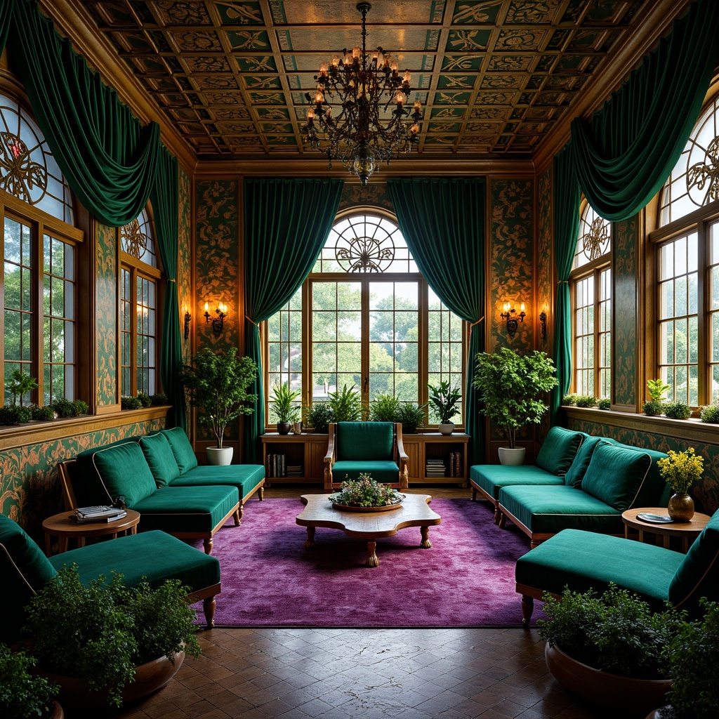 Prompt: Opulent Art Nouveau interior, luxurious velvety fabrics, rich jewel-toned colors, emerald greens, sapphire blues, amethyst purples, gold accents, ornate metalwork, flowing organic lines, sinuous curves, whimsical botanical patterns, stained glass windows, warm soft lighting, dramatic shadows, 2/3 composition, cinematic mood, high-contrast rendering, intricate textures.