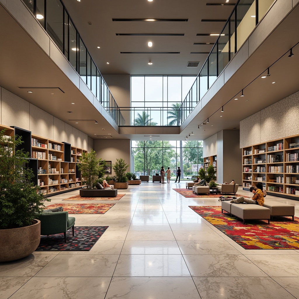 Prompt: Modern retail interior, spacious open layout, minimalist decor, polished marble floors, sleek metal shelves, floor-to-ceiling windows, abundant natural light, comfortable seating areas, vibrant colorful accents, geometric patterned rugs, soft warm lighting, shallow depth of field, 1/1 composition, realistic textures, ambient occlusion.