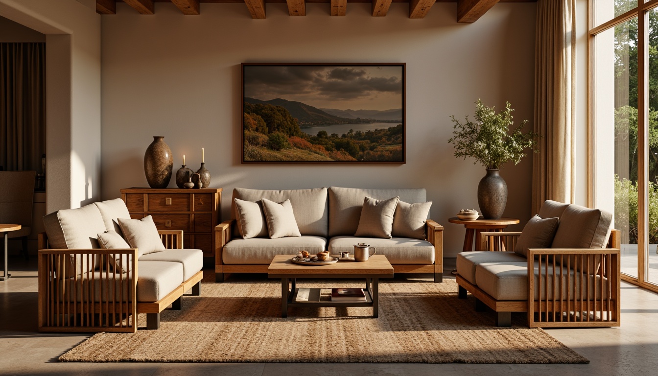 Prompt: Earth-toned furniture, natural wood accents, woven rattan chairs, plush velvet sofas, chunky wooden coffee tables, rustic metal frames, distressed leather armchairs, earthy terracotta vases, woven jute rugs, warm beige curtains, ambient candle lighting, soft warm shadows, 3/4 composition, cozy atmosphere, realistic textures, subtle depth of field.