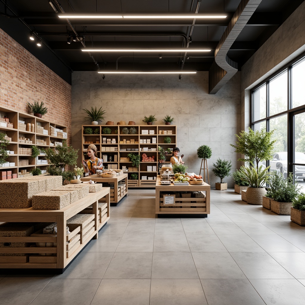 Prompt: Minimalist grocery store interior, neutral color palette, industrial chic aesthetic, exposed brick walls, polished concrete floors, sleek metal shelving, modern minimalist lighting fixtures, abundant natural light, airy open spaces, efficient circulation paths, compact product displays, wooden crates, woven baskets, earthy tone accents, subtle branding elements, simple signage, geometric patterns, Scandinavian-inspired design, calm atmosphere, soft warm lighting, shallow depth of field, 1/2 composition, realistic textures.