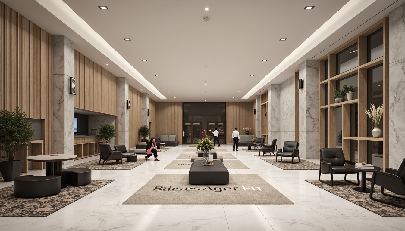 Prompt: Minimalist hotel lobby, monochromatic color scheme, sleek marble floors, geometric-patterned rugs, modernist furniture pieces, tubular steel chairs, cantilevered tables, asymmetric shelving units, bold typography, industrial-chic lighting fixtures, natural stone accent walls, Bauhaus-inspired decorative accents, warm ambient glow, high-contrast shadows, 1/1 composition, symmetrical framing, realistic material textures, subtle camera movements.