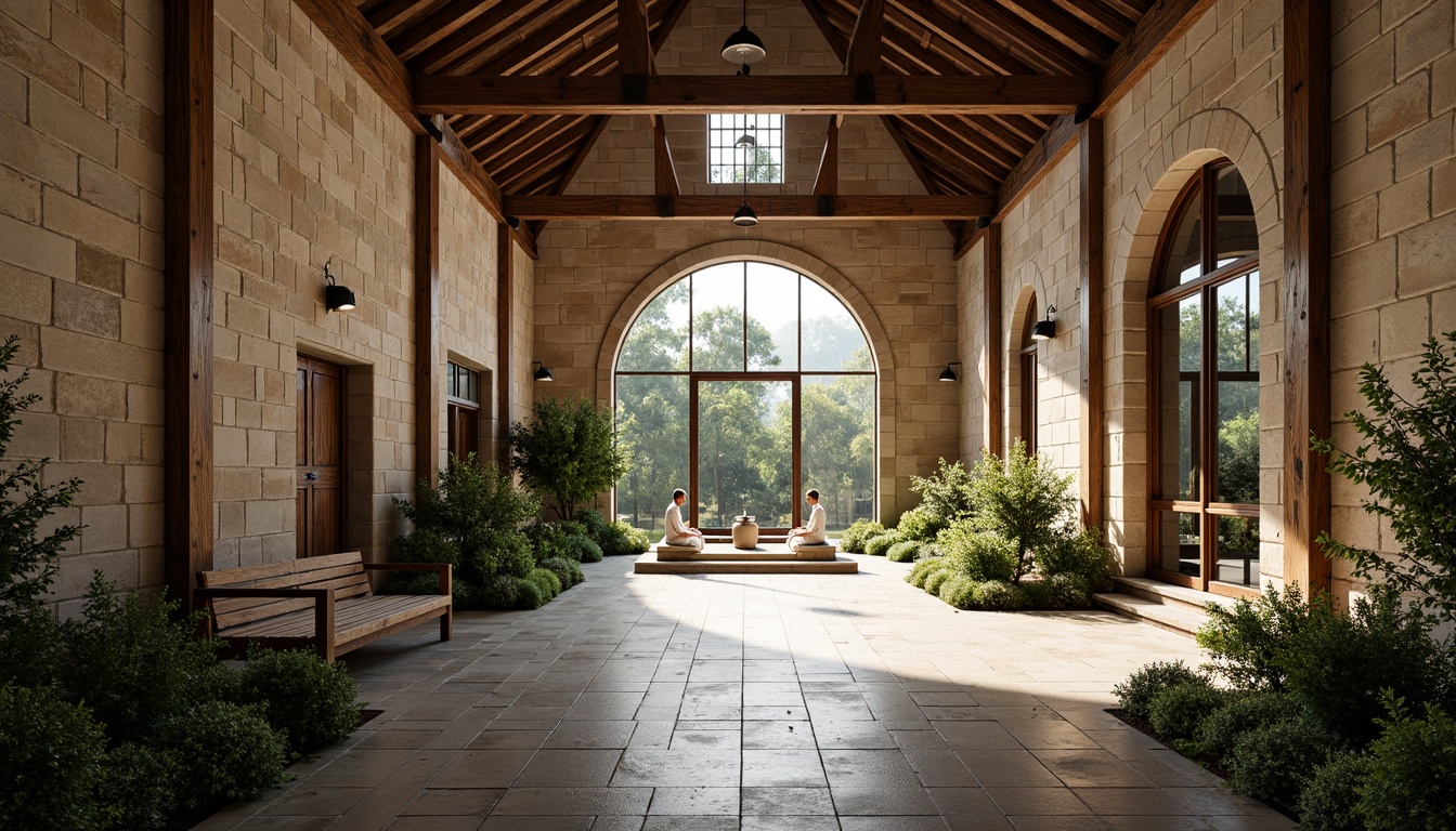 Prompt: Serene monastery courtyard, rustic stone walls, vaulted ceilings, stained glass windows, wooden benches, prayer gardens, tranquil water features, minimalist industrial design, exposed brick structures, metal accents, reclaimed wood textures, natural ventilation systems, abundant greenery, soft diffused lighting, warm color palette, 1/1 composition, symmetrical framing, high dynamic range, realistic atmospheric effects.