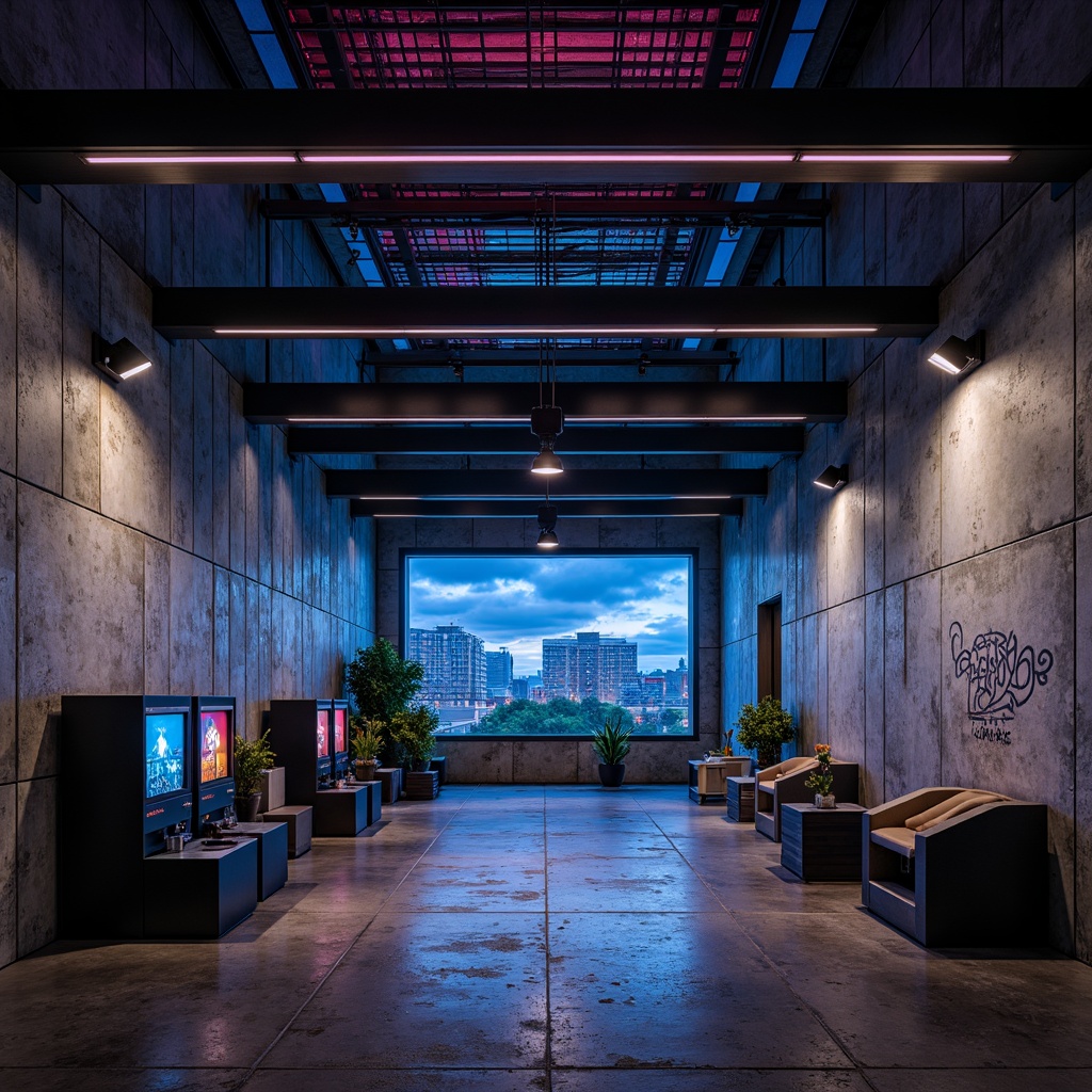 Prompt: Exposed concrete walls, industrial metal beams, brutalist architecture, dark ambient lighting, neon strip lights, LED color-changing ceiling, spotlights on game stations, metallic floor tiles, functional minimalist decor, low-poly game-inspired art, graffiti accents, urban cityscape views, night time atmosphere, dramatic shadows, high contrast ratio, 1/1 composition, cinematic camera angles, realistic renderings.