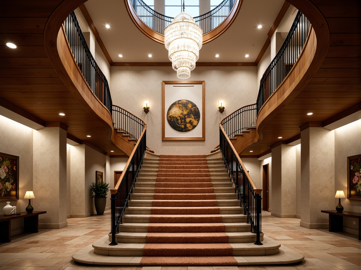 Prompt: Grand staircase, ornate metal banister, polished wooden handrails, luxurious carpeted steps, elegant curved lines, dramatic high ceiling, crystal chandelier, warm soft lighting, shallow depth of field, 1/2 composition, symmetrical framing, rich wood tones, opulent fabrics, sophisticated interior design, spacious open floor plan, modern minimalist decor, subtle texture variations.