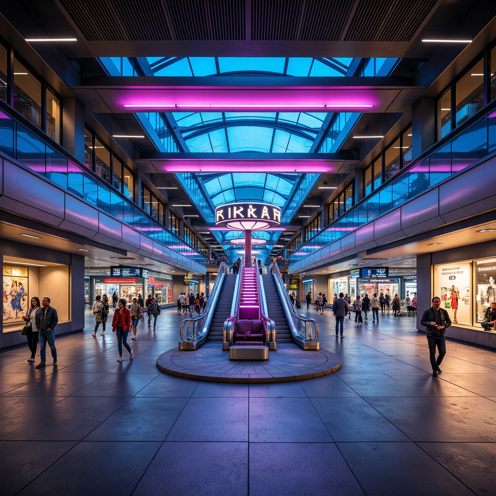 Prompt: Futuristic metro station interior, sleek modern architecture, polished steel beams, LED light strips, glowing neon signs, geometric patterned flooring, reflective glass ceilings, dynamic color-changing ambiance, high-contrast lighting, urban cityscape views, busy pedestrian traffic, rush hour atmosphere, stainless steel escalators, minimalist benches, information displays, abstract art installations, futuristic advertisements, soft warm glow, shallow depth of field, 1/1 composition, panoramic view, realistic textures, ambient occlusion.