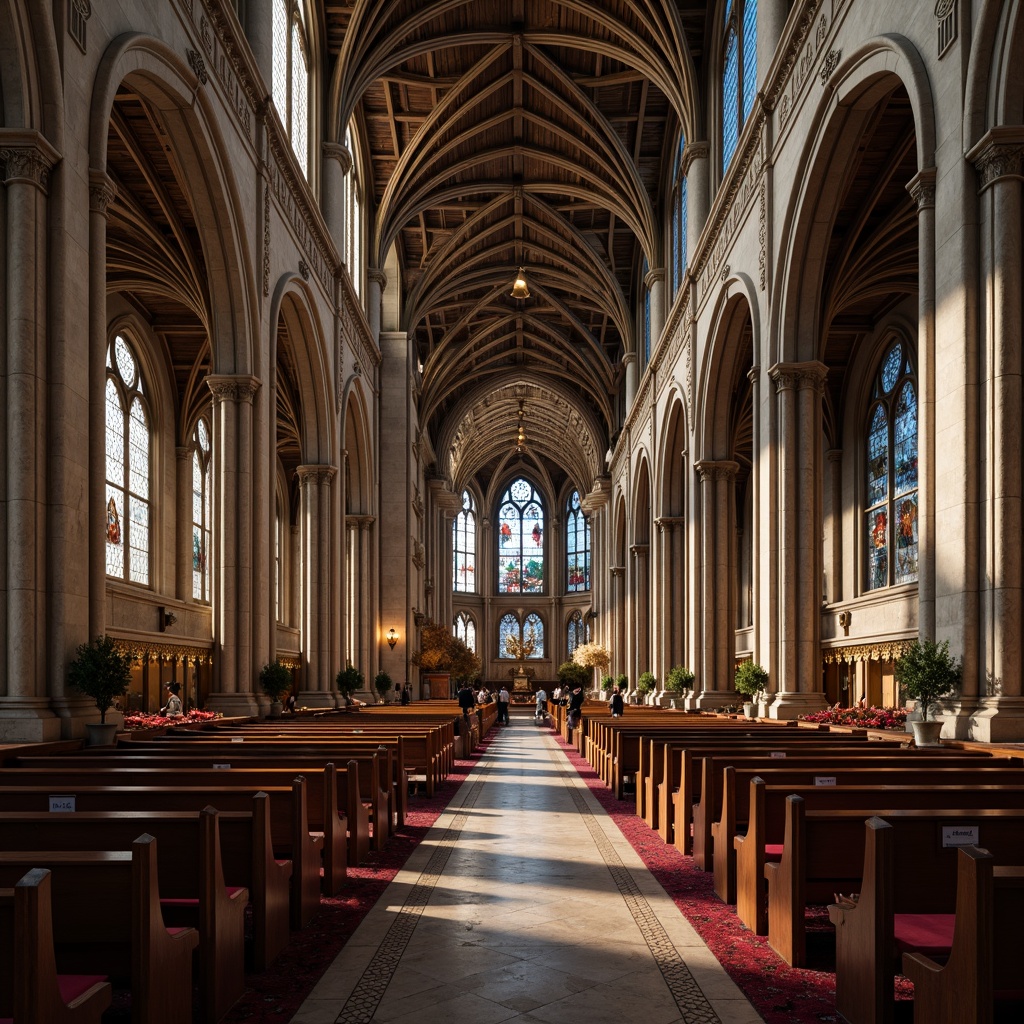 Prompt: Elegant Gothic cathedral, vaulted ceilings, stained glass windows, intricate stone carvings, ornate wooden pews, rich velvet drapes, acoustic panels with intricate patterns, sound-absorbing materials, reverberation reduction, warm ambient lighting, dramatic shadows, 3/4 composition, low-angle shot, realistic textures, subtle color grading.