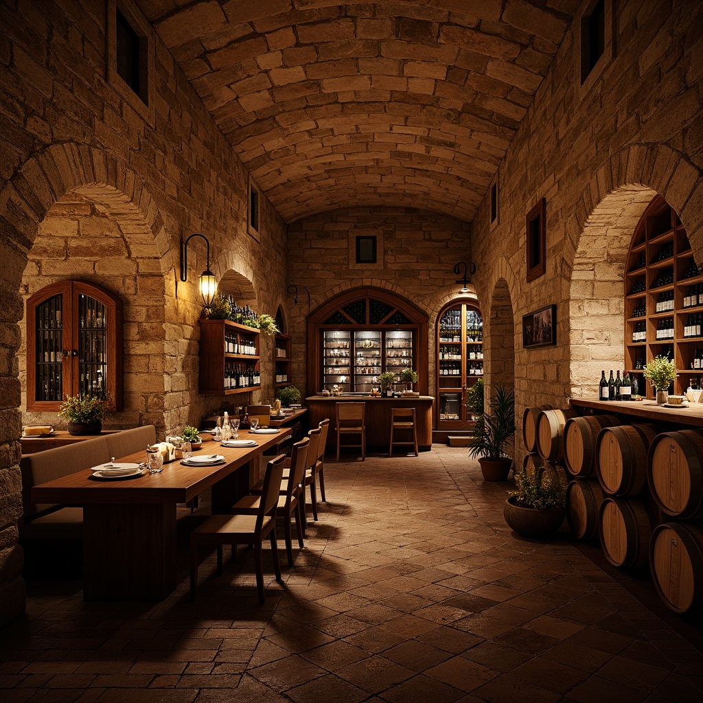 Prompt: Rustic wine cellar, ancient stone walls, earthy tones, dim warm lighting, wooden barrels, wine racks, vintage bottles, medieval-inspired architecture, arched ceilings, brick floors, natural stonework, distressed textures, cozy ambiance, intimate seating areas, soft candlelight, 1/1 composition, shallow depth of field, realistic renderings, ambient occlusion.