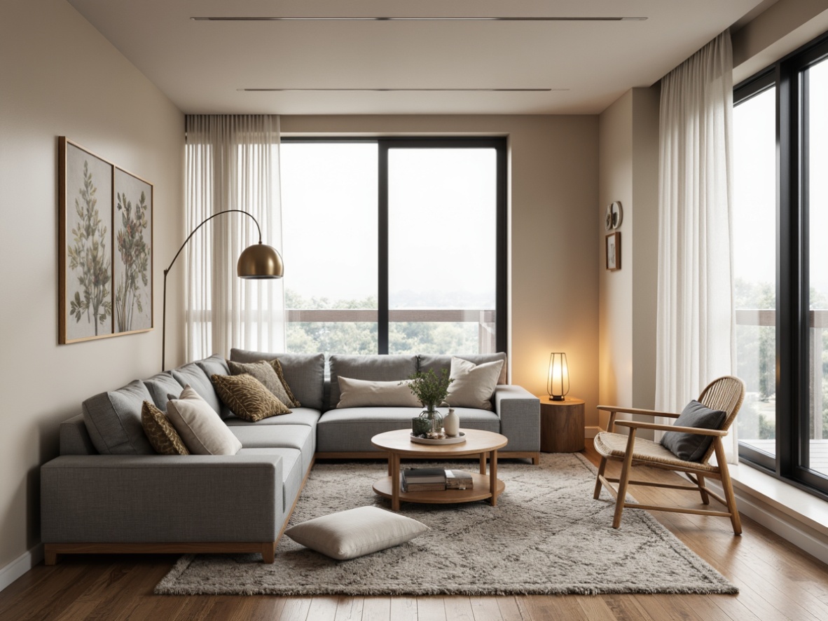 Prompt: Light-filled Nordic living room, minimal decor, natural wood accents, beige walls, soft grayish-blue furniture, plush woven textiles, geometric patterned rugs, cozy reading nook, modern Scandinavian architecture, large windows, white sheer curtains, warm candlelight, shallow depth of field, 1/1 composition, realistic textures, ambient occlusion.