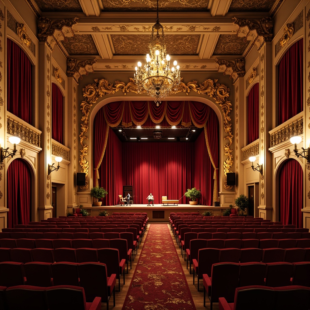 Prompt: Elegant auditorium, rich velvet curtains, ornate gold leaf decorations, grand chandeliers, wooden floors, intricate carvings, classic archways, majestic stage, red plush seats, luxurious drapes, subtle warm lighting, soft focus, 1/1 composition, realistic textures, ambient occlusion, detailed ornaments, traditional architectural elements, historic references, refined acoustic design.