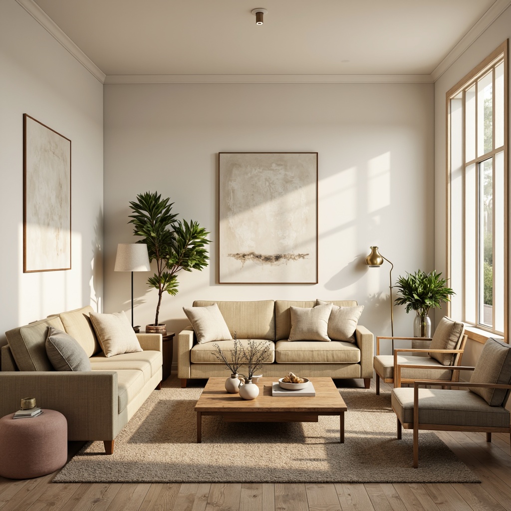 Prompt: Cozy living room, plush sofas, velvet armchairs, wooden coffee tables, minimalist decor, soft pastel colors, creamy white walls, warm golden lighting, textured rugs, natural fabrics, ergonomic designs, comfortable cushions, stylish side tables, modern lamp shades, metallic accents, subtle patterns, calming ambiance, intimate seating areas, functional storage units, decorative vases, lush greenery.