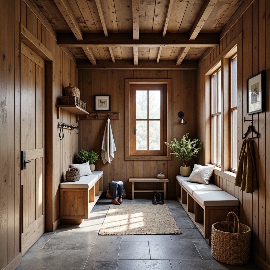 Prompt: Cozy mudroom, rustic wooden accents, earthy tones, natural stone floors, rough-hewn wood planks, industrial metal beams, distressed finishes, warm ambient lighting, comfortable seating areas, woven baskets, plush rugs, water-resistant surfaces, slip-resistant textures, practical storage solutions, organized shelving systems, functional benches, decorative hooks, soft warm colors, inviting atmosphere.