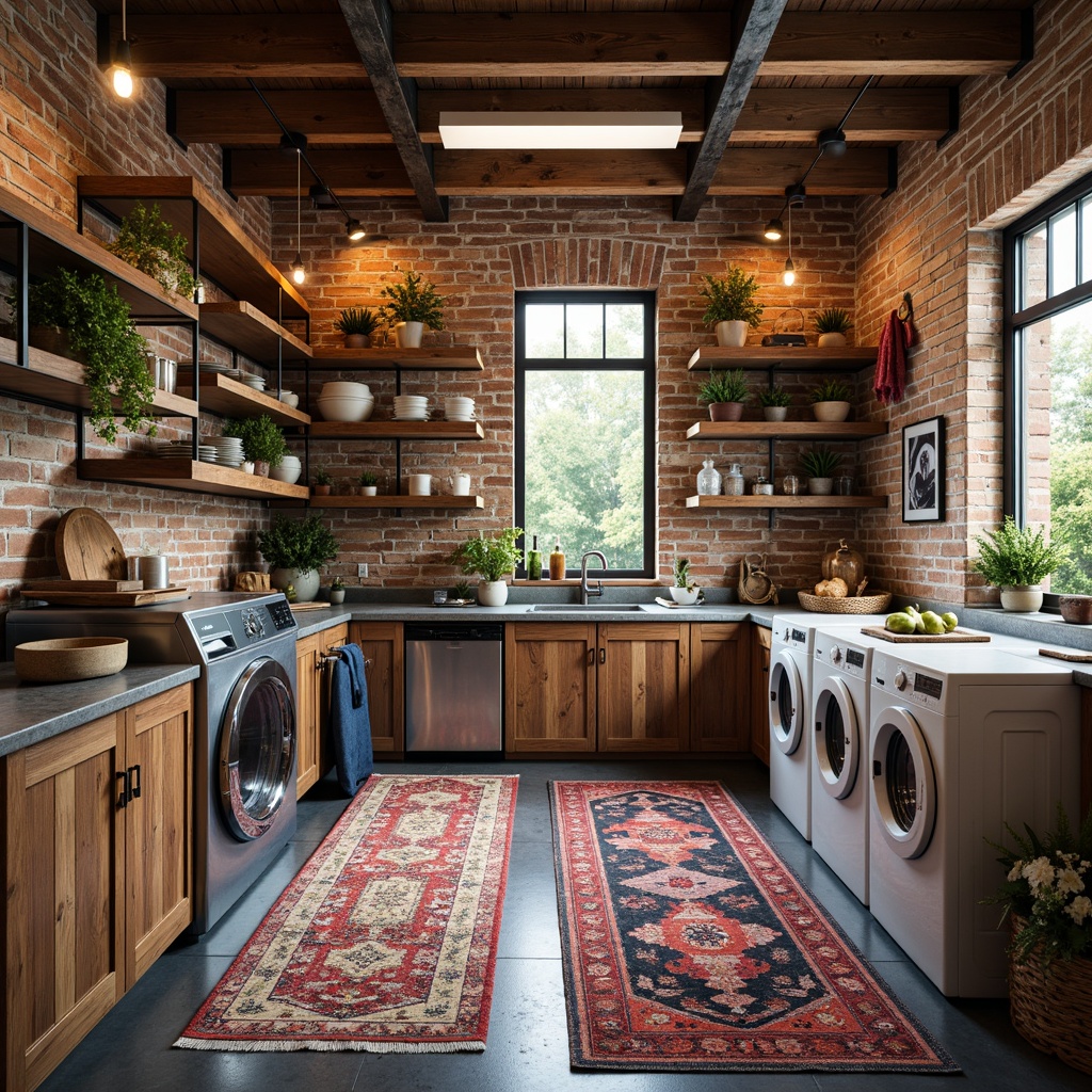 Prompt: Vibrant laundry room, eclectic decor, distressed wood cabinets, vintage washing machines, colorful patterned rugs, industrial metal shelves, exposed brick walls, reclaimed wood accents, natural stone countertops, pendant lighting fixtures, soft warm glow, 3/4 composition, shallow depth of field, panoramic view, realistic textures, ambient occlusion.