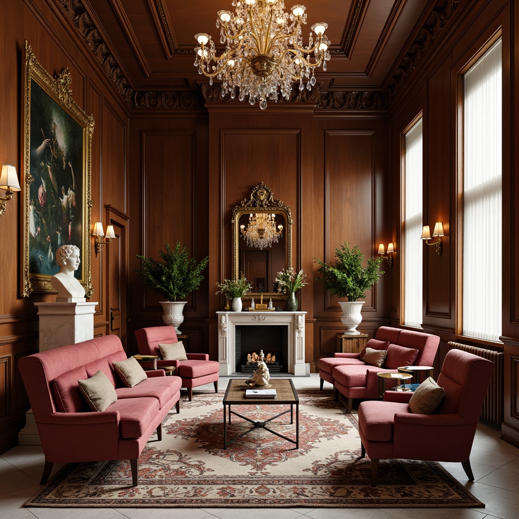 Prompt: Elegant interior, neoclassical furniture, ornate carvings, rich wood tones, velvet upholstery, tufted sofas, rolled armchairs, intricately patterned rugs, crystal chandeliers, gilded frames, classical sculptures, marble accents, subtle warm lighting, high ceilings, symmetrical compositions, 2/3 rule perspective, realistic textures, ambient occlusion.