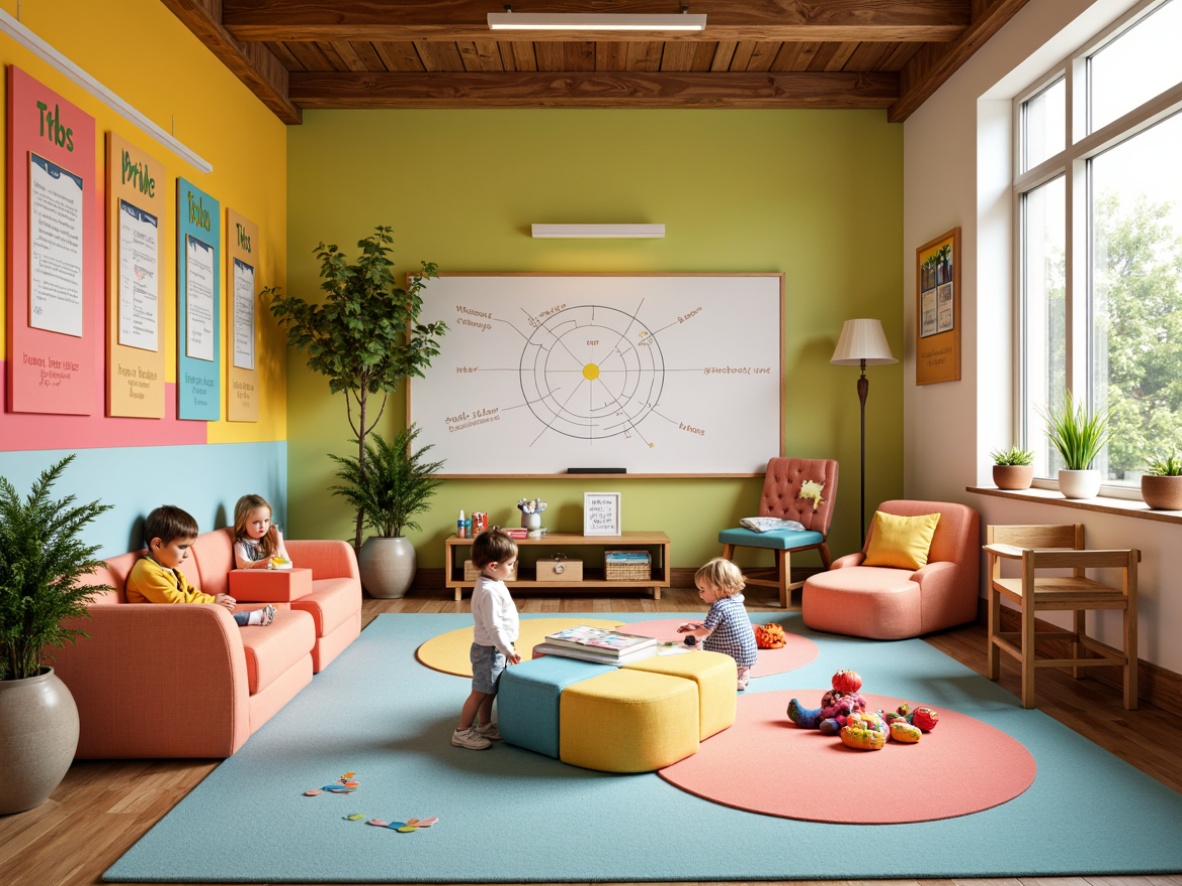 Prompt: Vibrant kindergarten interior, playful color scheme, bright primary colors, soft pastel shades, bold typography, educational posters, interactive whiteboards, cozy reading nooks, child-sized furniture, rounded edges, safe flooring materials, natural wood accents, whimsical illustrations, friendly cartoon characters, lively patterns, textured fabrics, warm lighting fixtures, shallow depth of field, 1/2 composition, inviting atmosphere, realistic textures.