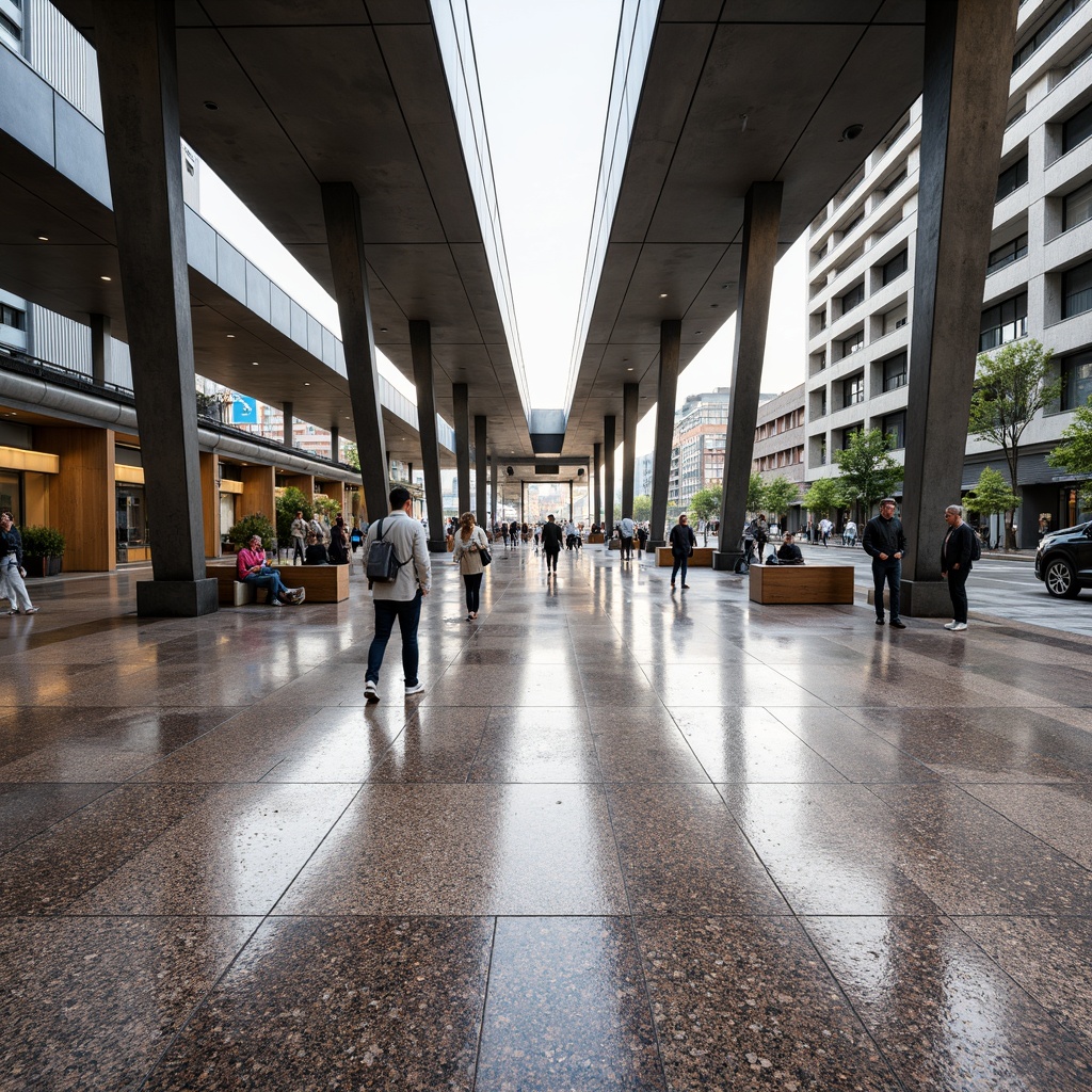 Prompt: Polished terrazzo flooring, sleek bus station design, modern transportation hub, high-traffic area, durable material selection, vibrant aggregate patterns, subtle color shifts, glossy finish, urban cityscape, bustling atmosphere, natural light pouring in, angular architectural lines, industrial chic aesthetic, functional layout, easy maintenance requirements, stain-resistant surfaces, dynamic pedestrian flow, 1/1 composition, softbox lighting, realistic reflections.