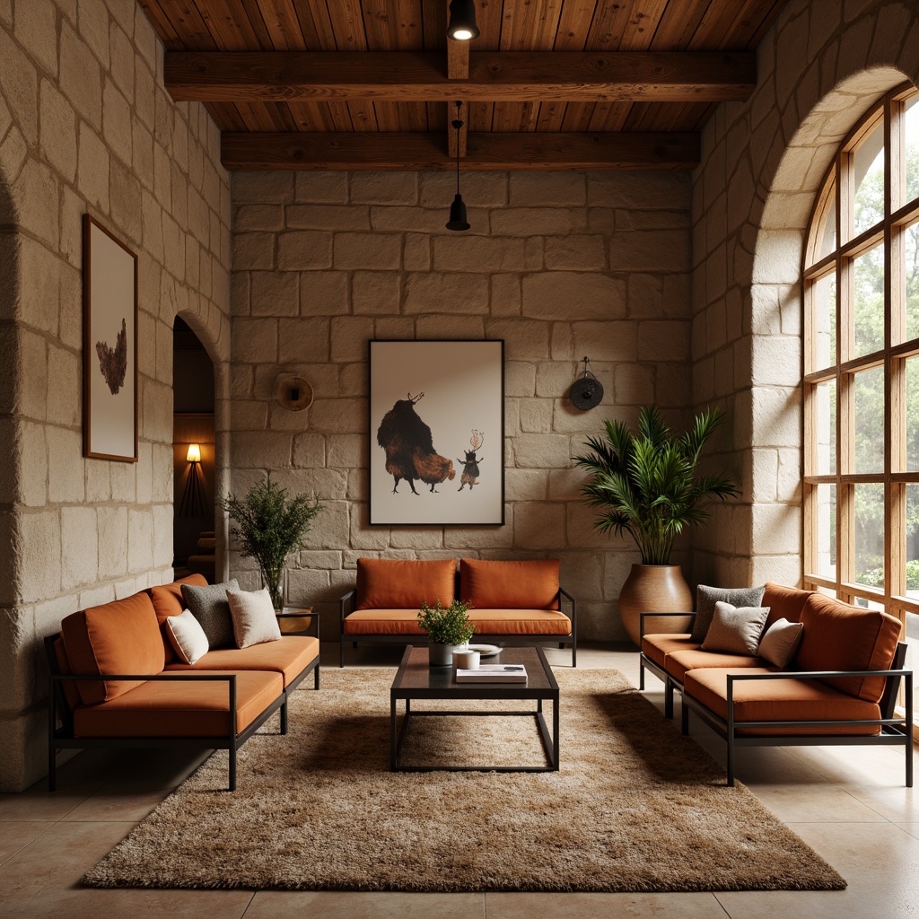 Prompt: Warm brown stone walls, earthy tone flooring, natural material furniture, reclaimed wood accents, comfortable velvet sofas, plush area rugs, minimalist metal frames, elegant glass coffee tables, nature-inspired decorative accessories, soft warm lighting, cozy atmosphere, shallow depth of field, 1/1 composition, realistic textures, ambient occlusion.