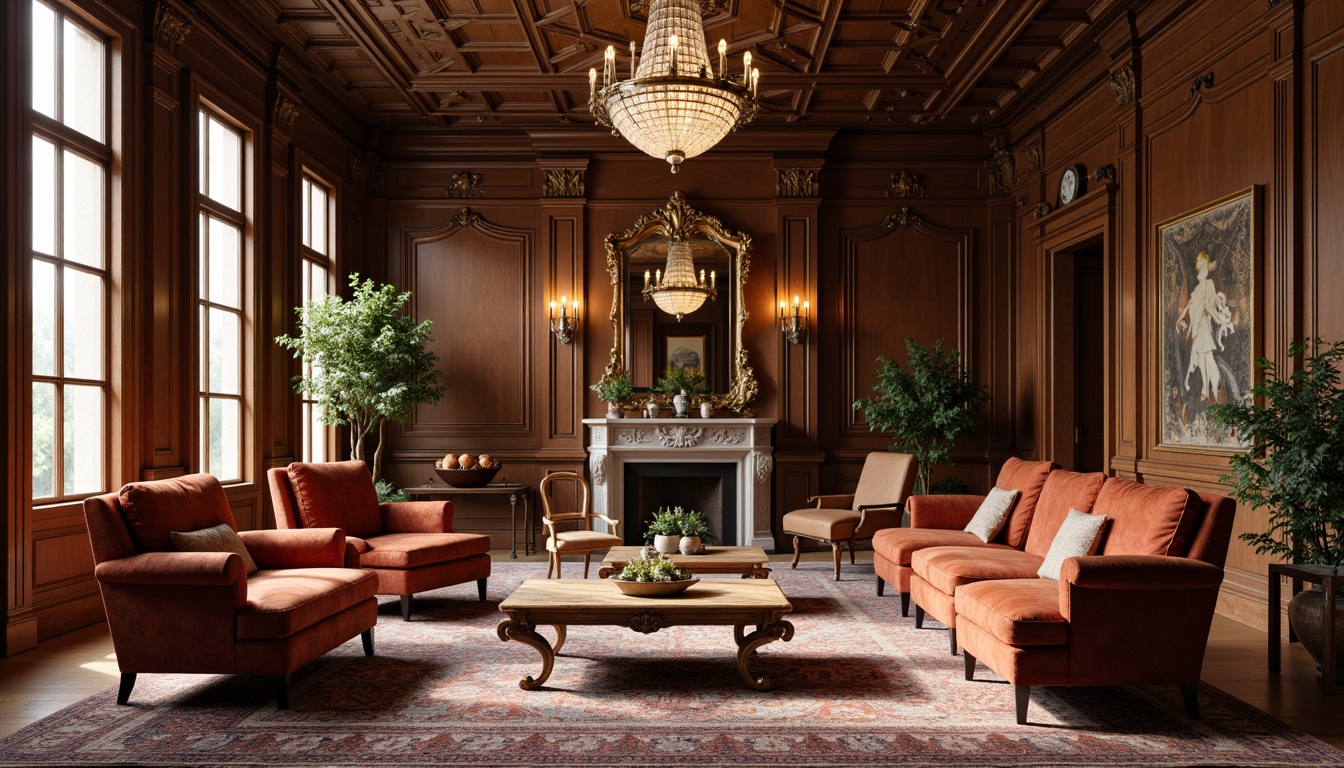 Prompt: Elegant armchairs, velvet upholstery, ornate carvings, gilded frames, rich wood tones, intricately patterned rugs, crystal chandeliers, luxurious fabrics, neoclassical architecture, symmetrical compositions, soft warm lighting, subtle shading, 1/1 aspect ratio, realistic textures, ambient occlusion.