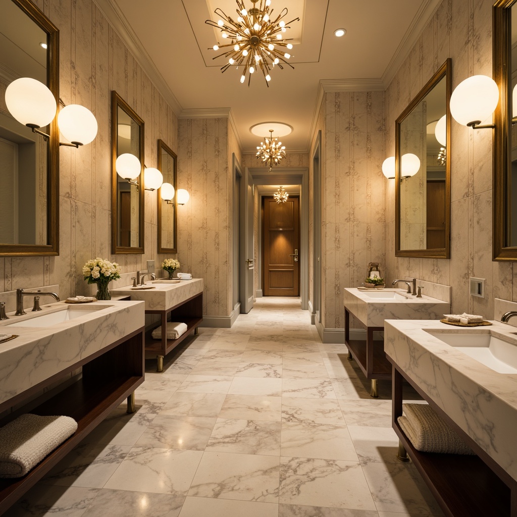 Prompt: Elegant powder room, mid-century modern style, warm ambient lighting, sputnik chandeliers, globe pendant lights, minimalist wall sconces, polished chrome fixtures, frosted glass shades, geometric patterns, marble countertops, vintage-inspired mirrors, soft pastel colors, luxurious textiles, subtle metallic accents, high-gloss finishes, symmetrical composition, 1/1 aspect ratio, softbox lighting, cinematic mood.