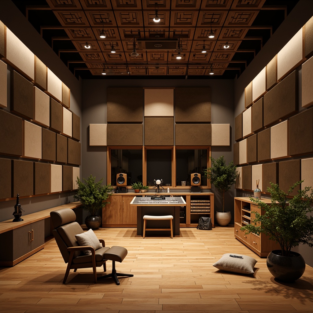 Prompt: Professional recording studio, soundproofed walls, acoustic panels, diffusers, bass traps, high-ceiling, wooden floor, minimal echo, optimal reverberation time, precise sound reflection, clear audio signal, reduced resonance, improved vocal clarity, detailed instrumental separation, warm ambiance, soft lighting, 1/1 composition, shallow depth of field, realistic textures, ambient occlusion.