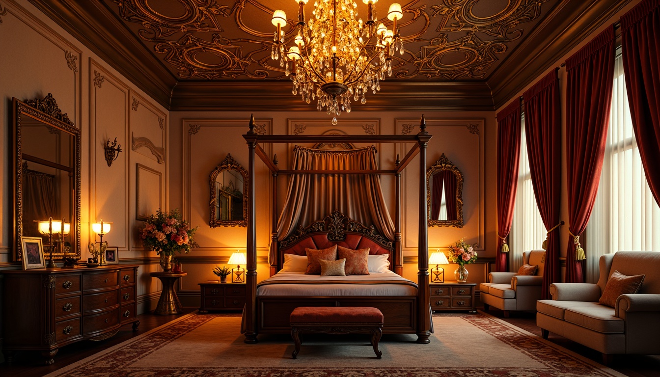 Prompt: Renaissance-inspired kids' room, warm golden lighting, ornate chandeliers, soft candlelight, decorative lanterns, intricate wooden carvings, rich velvet drapes, majestic four-poster bed, lavish furnishings, regal color palette, opulent textures, Baroque-style mirrors, grandiose ceiling designs, mystical ambiance, dreamy atmosphere, 1/1 composition, warm white balance, softbox lighting, subtle shadows, detailed ornaments.