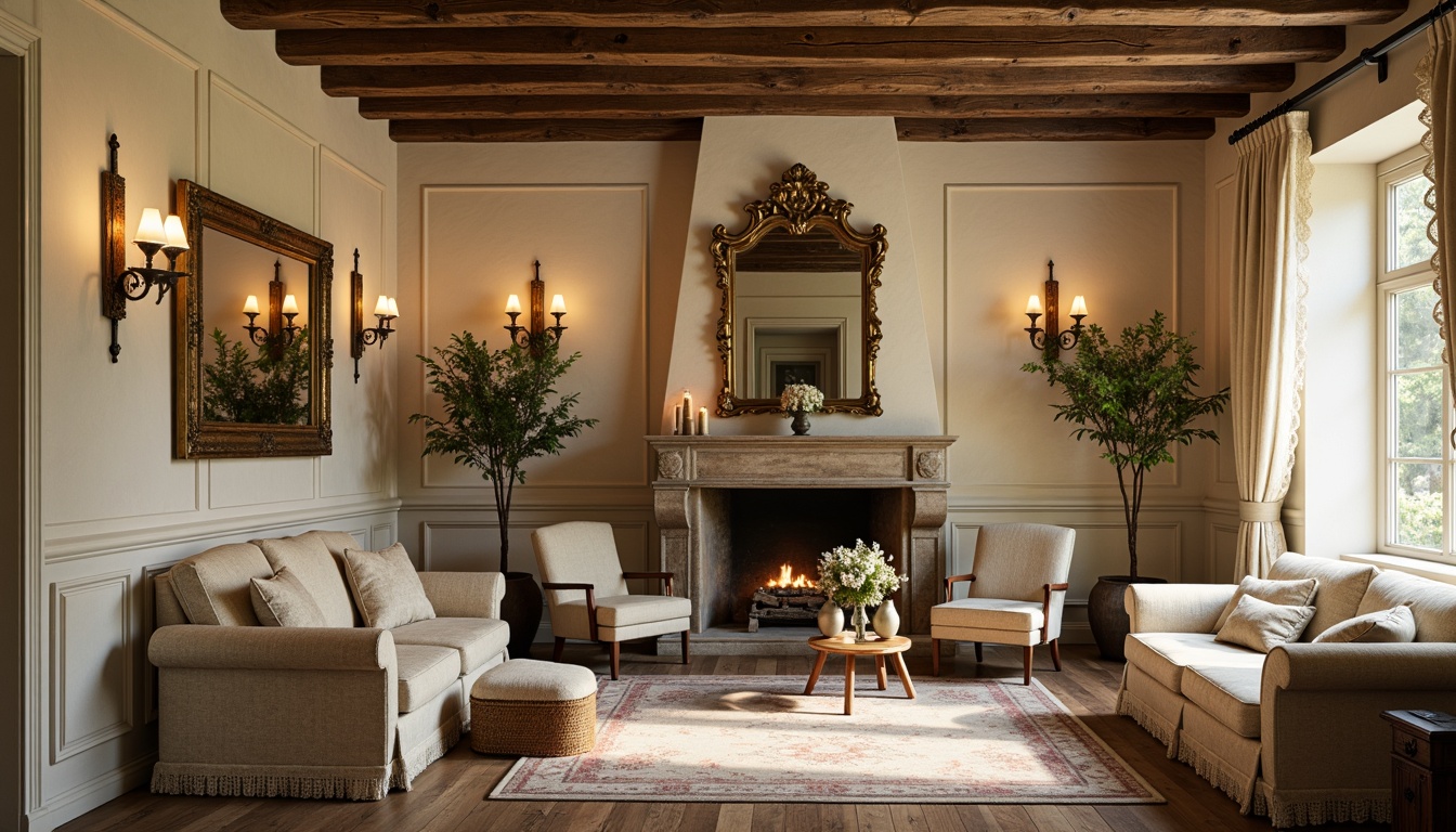 Prompt: Rustic French country interior, distressed wood paneling, soft cream-colored walls, vintage ornate mirrors, elegant crown molding, natural stone fireplaces, plush velvet drapes, floral patterned fabrics, lace trimmed curtains, warm golden lighting, shallow depth of field, 1/1 composition, intimate cozy atmosphere, subtle texture overlays, soft focus effect.