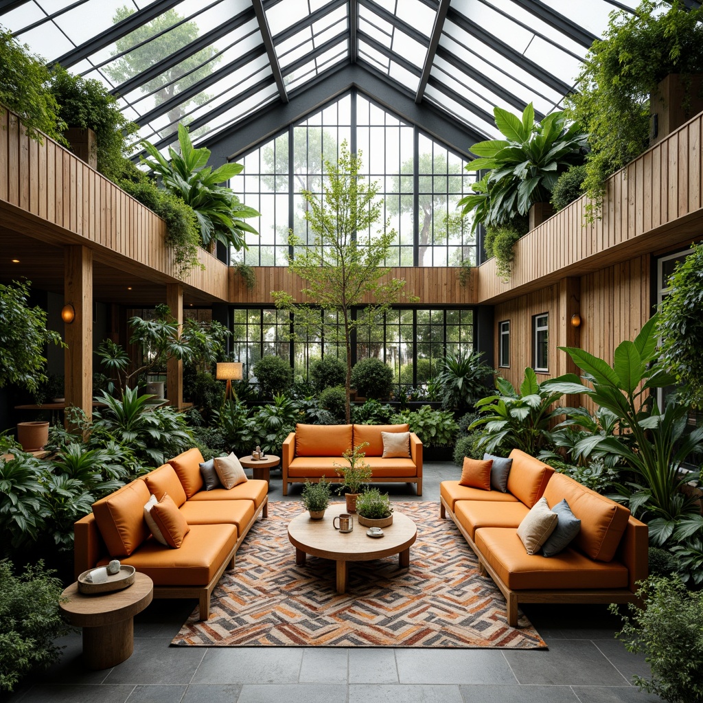 Prompt: Vibrant greenhouse interior, lush tropical plants, natural stone floors, reclaimed wood accents, mid-century modern furniture, sleek low-profile sofas, geometric-patterned rugs, minimalist coffee tables, industrial-chic metal lighting, earthy color palette, organic shapes, curved lines, sustainable materials, eco-friendly textiles, abundant natural light, warm cozy ambiance, soft diffused lighting, 1/1 composition, intimate atmosphere, realistic wood textures, subtle ambient occlusion.