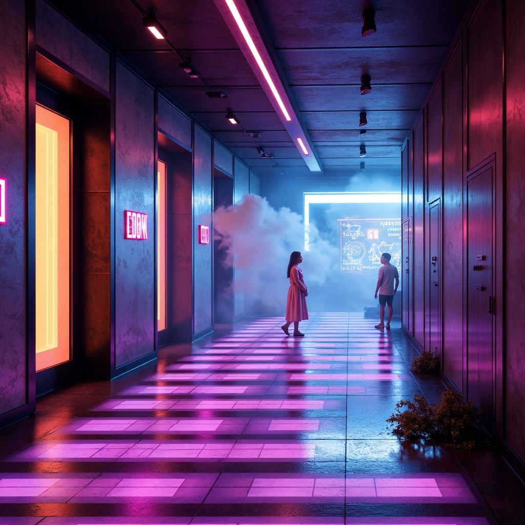 Prompt: Neon-lit corridors, glowing LED floors, futuristic youth center, sleek metal architecture, angular lines, minimalist design, vibrant colorful accents, pulsing strobe lights, soft ambient glow, high-contrast lighting, dramatic shadows, cinematic mood, low-poly 3D models, retro-futuristic aesthetic, holographic projections, laser beam installations, fog machines, misty atmosphere, shallow depth of field, 1/1 composition, realistic textures, ambient occlusion.