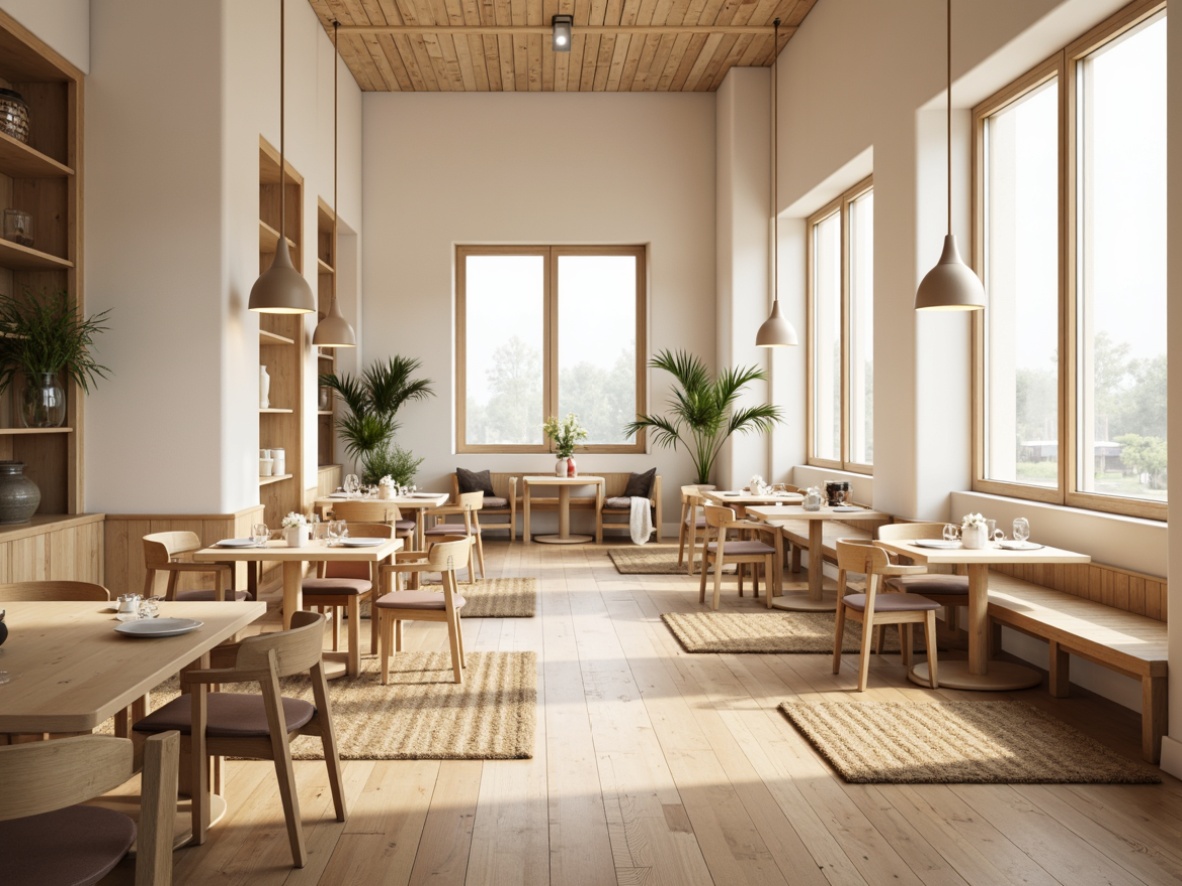 Prompt: Minimalist Scandinavian dining hall, light-filled space, wooden flooring, cream-colored walls, large windows, natural textiles, woven rugs, sleek wooden chairs, minimalist tables, pendant lamps, cozy atmosphere, soft warm lighting, shallow depth of field, 3/4 composition, realistic wood textures, ambient occlusion, Nordic-inspired patterns, clean lines, functional design, eco-friendly materials, sustainable furniture solutions.