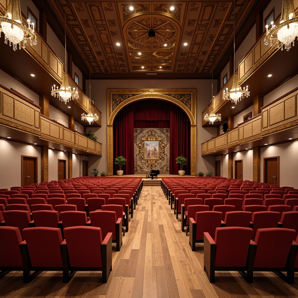 Prompt: Elegant concert hall, refined wooden floors, plush red velvet seats, ornate golden balconies, crystal chandeliers, spacious aisles, comfortable audience seating, ergonomic chair design, acoustic paneling, soft warm lighting, intimate atmosphere, subtle color scheme, sophisticated sound systems, grand piano, minimalist decor, dramatic stage lighting, panoramic views, realistic textures, ambient occlusion.