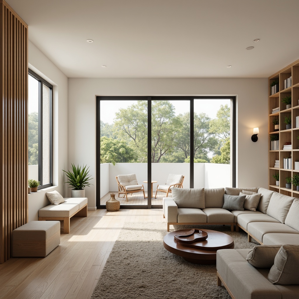 Prompt: Modern living room, sleek minimalist furniture, creamy white walls, polished hardwood floors, floor-to-ceiling windows, sliding glass doors, cozy reading nook, built-in bookshelves, plush area rug, sectional sofa, accent chairs, geometric coffee table, recessed lighting, warm ambient glow, 1/1 composition, shallow depth of field, realistic textures, soft focus effect.