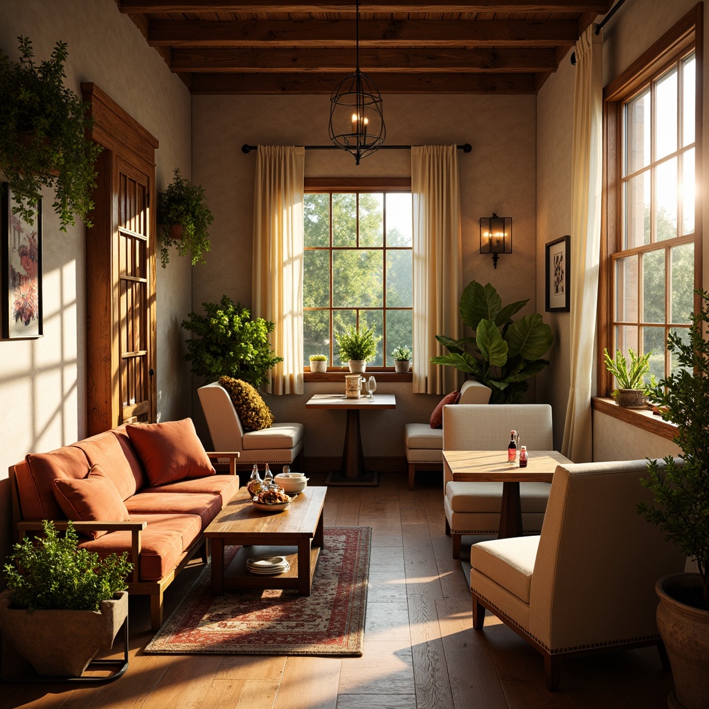 Prompt: Cozy breakfast nook, warm earthy tones, soft golden lighting, natural wood accents, plush velvet cushions, rustic brick walls, vintage metal decor, creamy white ceramics, rich brown wooden tables, comfortable oversized armchairs, lush greenery, blooming flowers, sunny morning, soft focus, shallow depth of field, 1/1 composition, warm and inviting atmosphere.