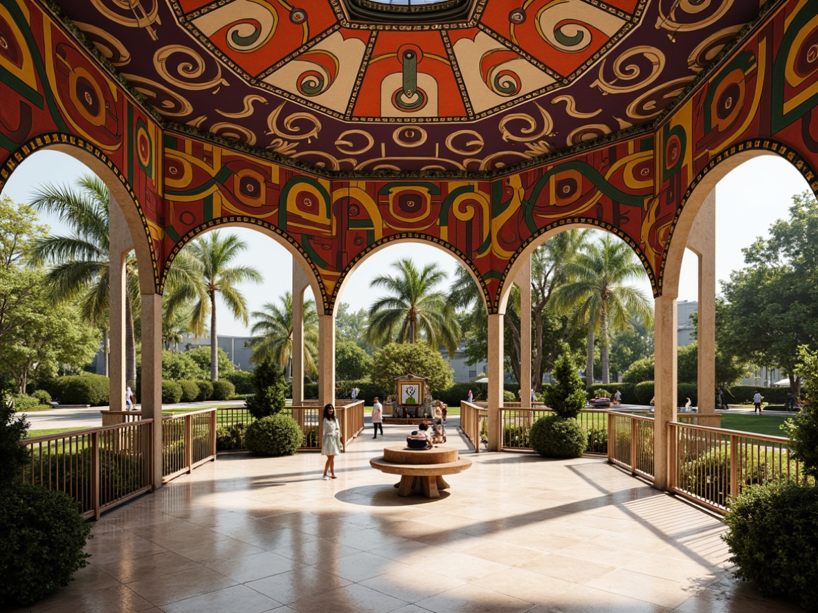 Prompt: Richly ornamented pavilion, postmodernist architecture, bold colorful patterns, playful curved lines, irregular shapes, vibrant ceramic tiles, glossy marble floors, ornate metal railings, lush greenery, tropical plants, warm sunny day, soft diffused lighting, shallow depth of field, 1/1 composition, intimate interior views, realistic reflections, ambient occlusion.