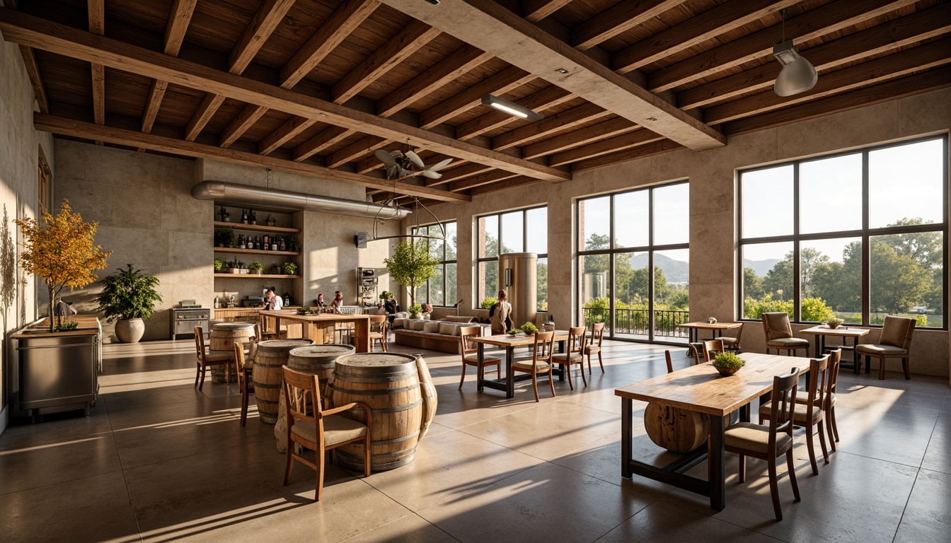 Prompt: Rustic winery, open floor plan, high ceilings, wooden beams, large windows, natural light, stone walls, earthy tones, wine barrels, fermentation tanks, stainless steel equipment, modern industrial decor, minimalist aesthetic, functional layout, efficient workflow, spacious tasting area, reclaimed wood accents, exposed ductwork, sleek metal railings, panoramic vineyard views, sunny afternoon, soft warm lighting, shallow depth of field, 2/3 composition.