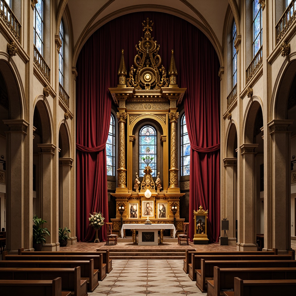 Prompt: Elegant altar, ornate carvings, golden accents, velvet drapes, stained glass windows, intricately patterned marble floors, Baroque-inspired details, solemn ambiance, soft warm lighting, shallow depth of field, 1/1 composition, realistic textures, ambient occlusion.