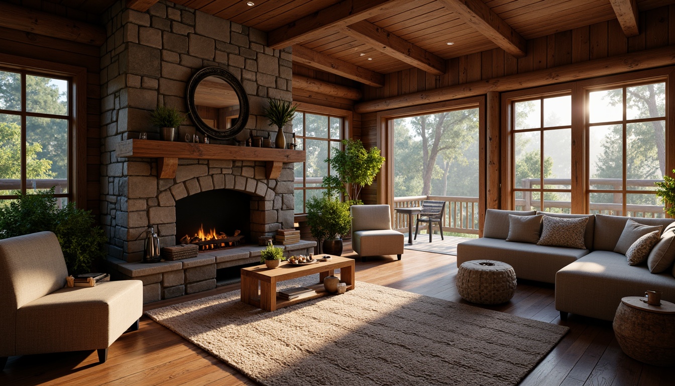 Prompt: Rustic wooden cabins, earthy tones, natural stone walls, distressed wood accents, vintage metal decor, reclaimed lumber, cozy fireplaces, plush throw blankets, soft warm lighting, shallow depth of field, 1/1 composition, realistic textures, ambient occlusion, serene forest surroundings, misty morning atmosphere, gentle sunlight filtering through trees.