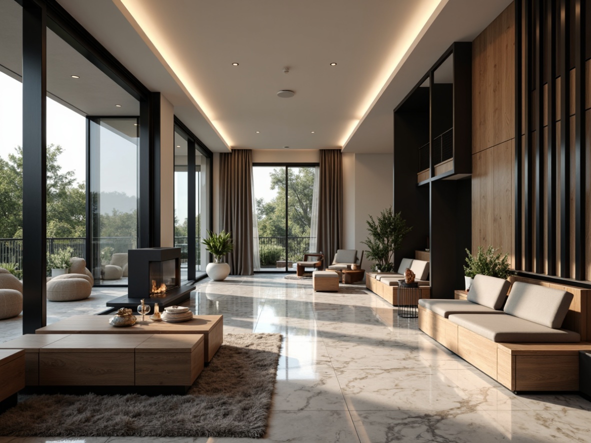 Prompt: Luxurious modern home interior, sleek minimalism, monochromatic color scheme, polished marble floors, matte black metal accents, floor-to-ceiling windows, natural oak wood furnishings, plush area rugs, ambient LED lighting, soft warm glow, 1/1 composition, shallow depth of field, realistic textures, subtle shadowing.