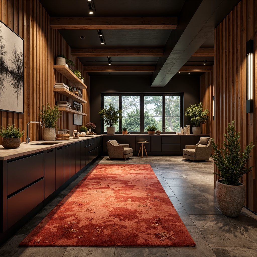 Prompt: Luxurious interior space, richly textured finishes, velvety soft carpets, wooden accent walls, distressed metal surfaces, rustic stone floors, sleek glass countertops, matte black cabinets, ambient warm lighting, 1/1 composition, shallow depth of field, realistic reflections, subtle normal mapping.