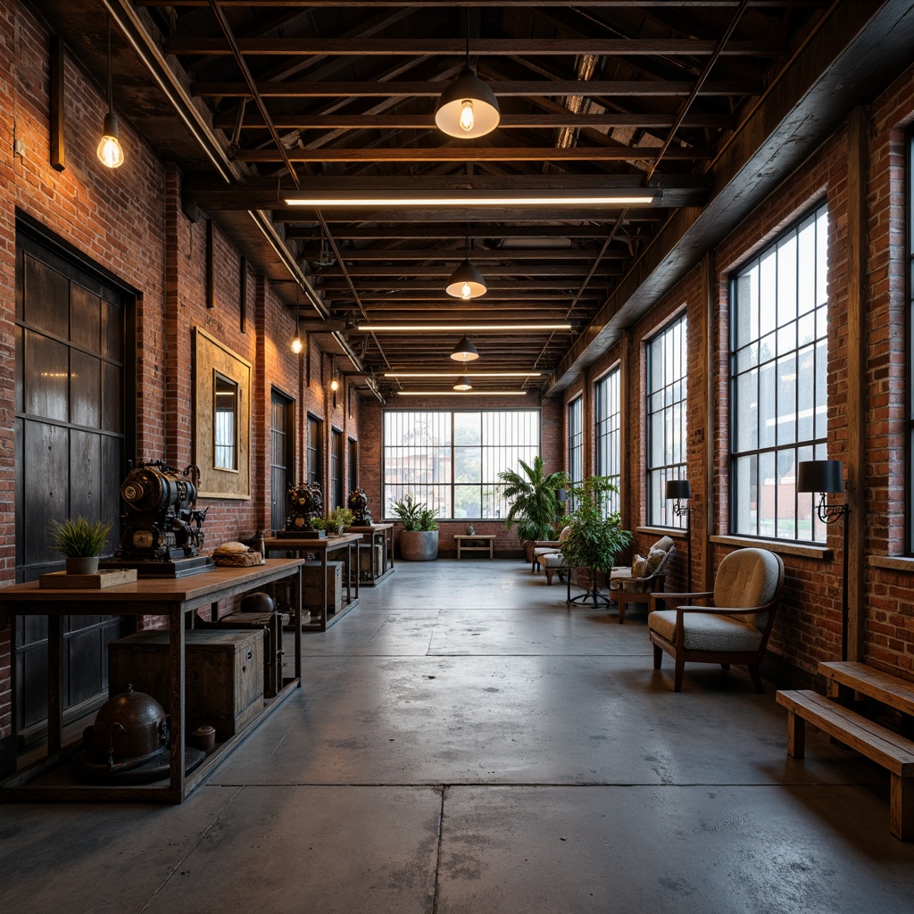 Prompt: Exposed brick walls, industrial metal beams, reclaimed wood accents, rusty machinery, vintage factory equipment, dimmable LED strip lights, metal shade pendant lamps, industrial-style chandeliers, Edison bulb fixtures, concrete floors, urban loft atmosphere, dramatic high ceilings, natural light pouring in, soft warm glow, shallow depth of field, 3/4 composition, realistic textures, ambient occlusion.