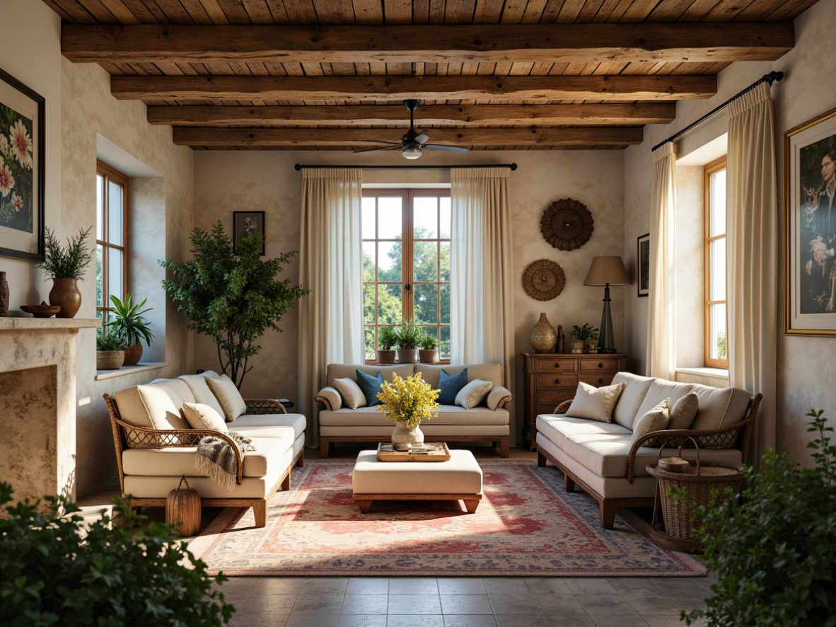 Prompt: Rustic French country style, distressed wood accents, soft creams, warm beiges, muted blues, earthy reds, natural stone walls, vintage metalware, ornate furniture, lush greenery, flowing drapery, classic florals, subtle texture patterns, warm golden lighting, shallow depth of field, 2/3 composition, serene atmosphere, realistic materials, ambient occlusion.