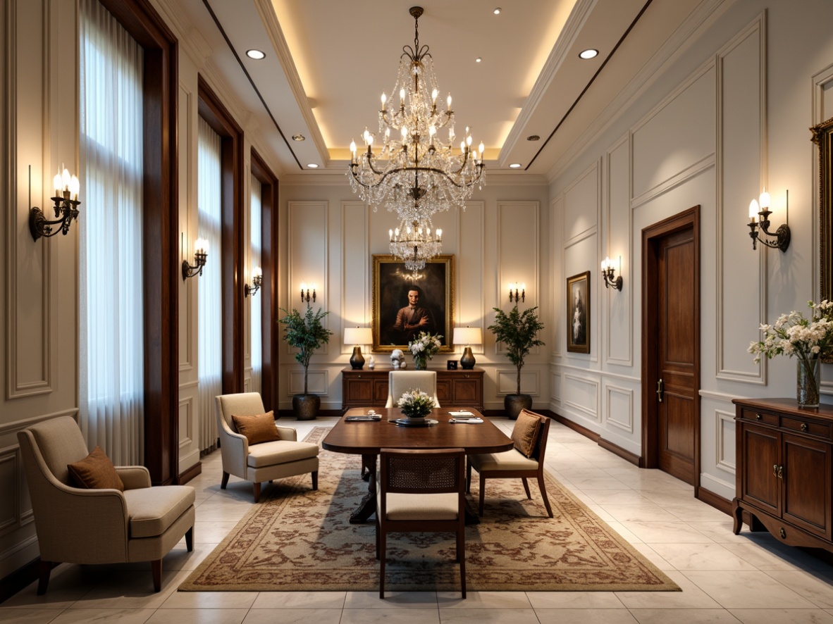 Prompt: Elegant office spaces, neoclassical architecture, ornate details, refined furnishings, luxurious textiles, rich wood tones, polished marble floors, crystal chandeliers, sophisticated sconces, bronze fixtures, opulent pendant lights, creamy white walls, stately columns, grandiose ceilings, lavish drapery, intricate moldings, warm ambient lighting, softbox shadows, 1/2 composition, dramatic high contrast, realistic reflections, ornate metalwork.