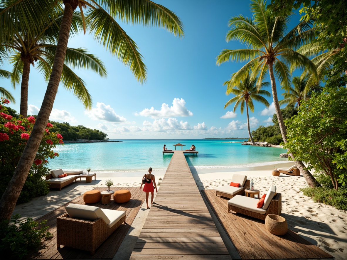 Prompt: Vibrant tropical island, lush green palm trees, exotic hibiscus flowers, warm sandy beaches, crystal-clear turquoise waters, rustic wooden docks, colorful tiki torches, natural woven textiles, rattan furniture, wicker accents, bold bright colors, pastel hues, soft warm lighting, shallow depth of field, 1/2 composition, panoramic view, realistic textures, ambient occlusion.