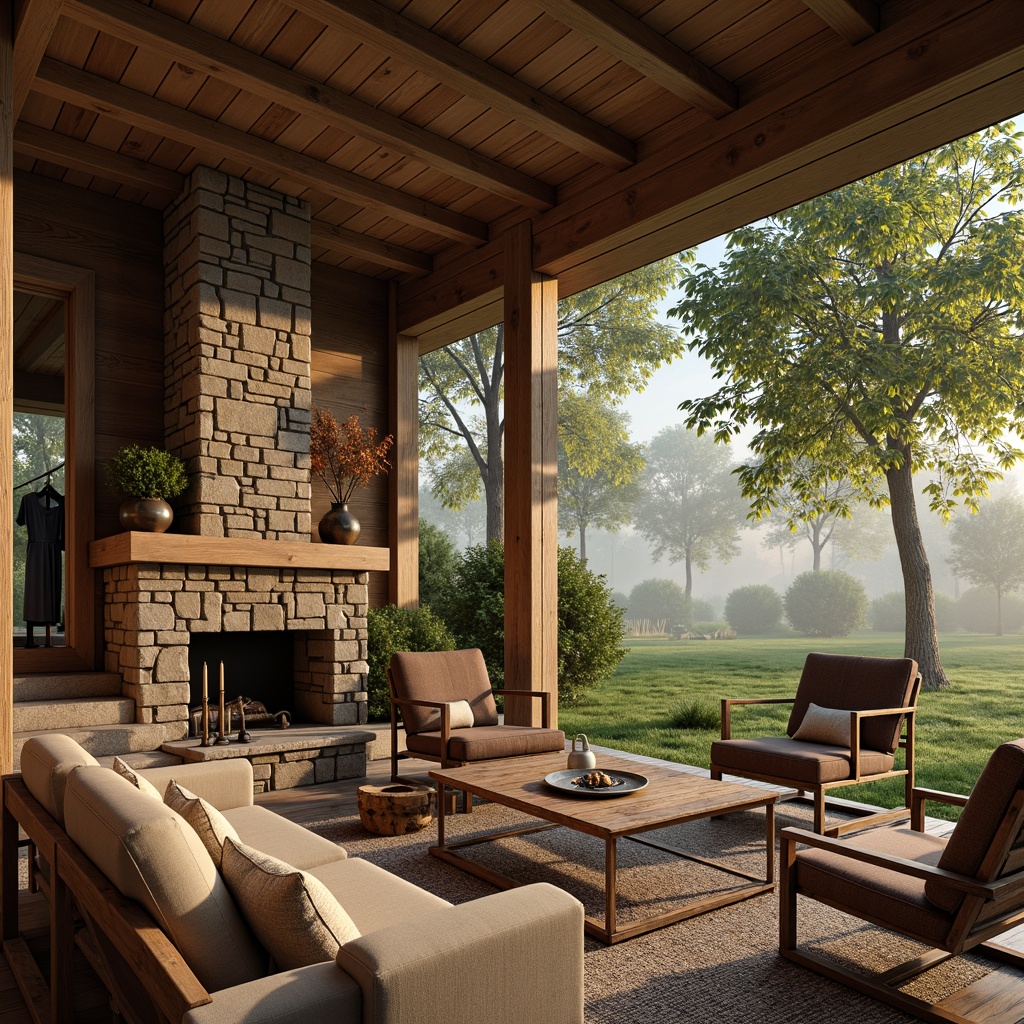 Prompt: Earthy cabin, wooden accents, natural stone walls, cozy fireplace, plush furnishings, warm beige tones, rustic metal decorations, vintage outdoor furniture, lush greenery surroundings, misty morning atmosphere, soft warm lighting, shallow depth of field, 1/1 composition, realistic textures, ambient occlusion.