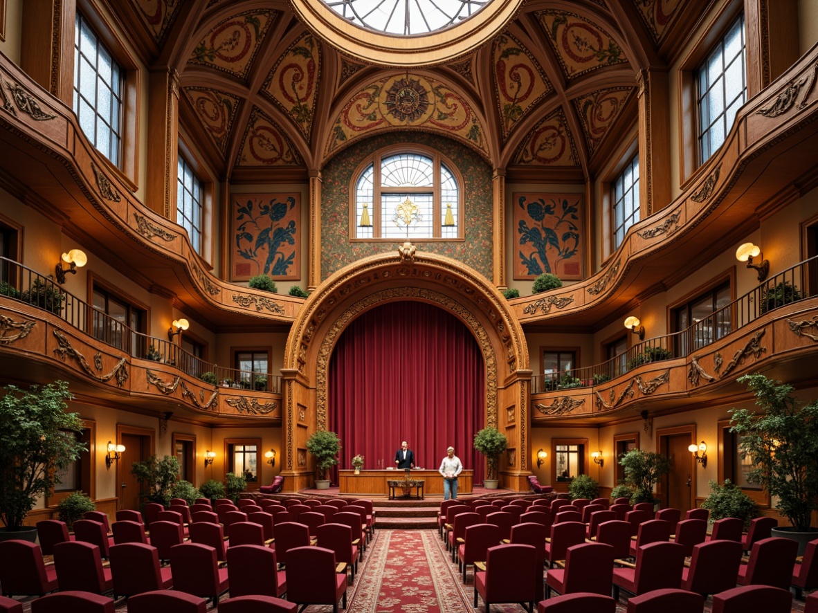 Prompt: Grand auditorium, ornate Art Nouveau details, flowing organic lines, curved wooden furniture, velvet upholstery, gilded accents, intricate carvings, stained glass windows, majestic chandeliers, richly patterned rugs, lavish drapery, warm golden lighting, soft focus, shallow depth of field, 1/2 composition, elegant silhouettes, ornate metalwork, luxurious fabrics, vintage-inspired accessories, opulent decorations.